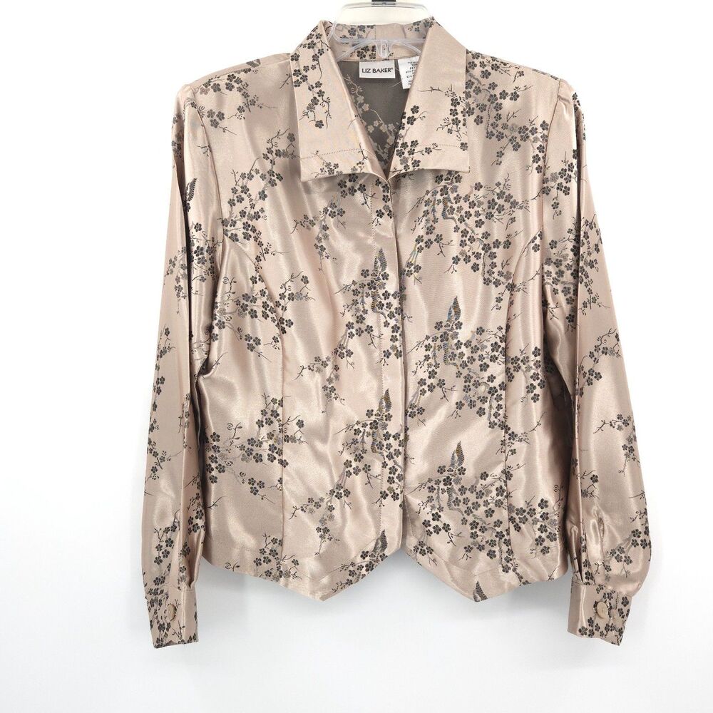 Liz‎ Baker Asian floral satin button up top Size 10p gold black dressy holiday